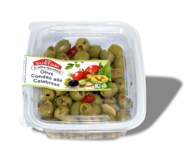 Olive verdi condite "alla calabrese" (vaschetta da 250g.)